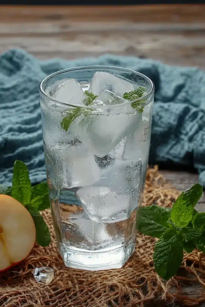 Glass with ice cubes, mint leaves, and apple slices for apple iced tea