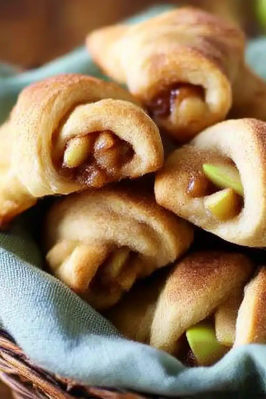 Close-up of golden apple pie bites with flaky crust, apple wedges, and pecans in a rustic blue cloth.