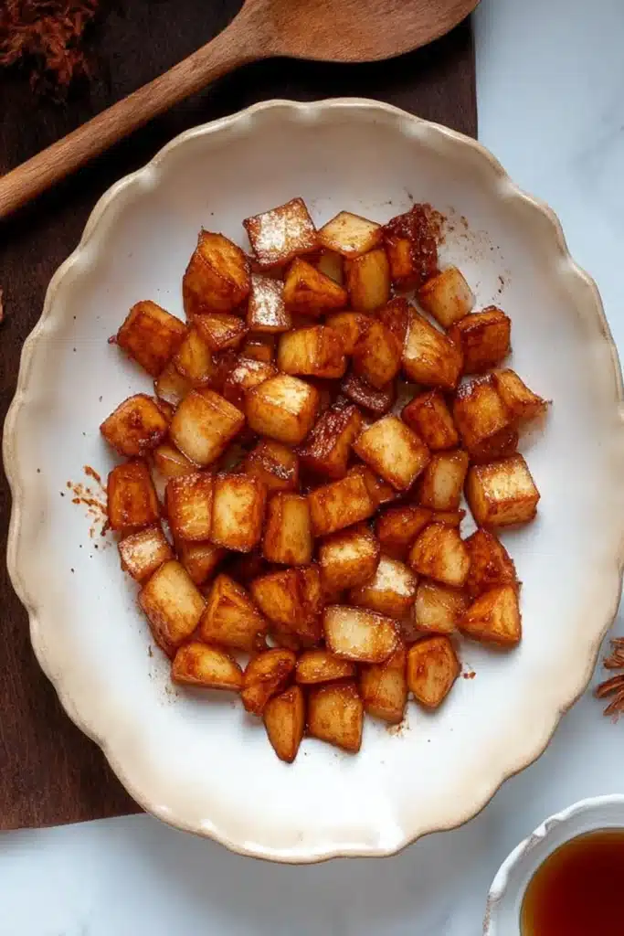 Air Fryer Apples – Quick & Amazing Cinnamon Maple Recipe 9 Golden-brown cinnamon maple glazed air fryer apples in a scalloped ceramic plate