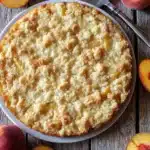 Easy Italian Peach Crumb Cake with golden topping on white plate and fresh peach slices