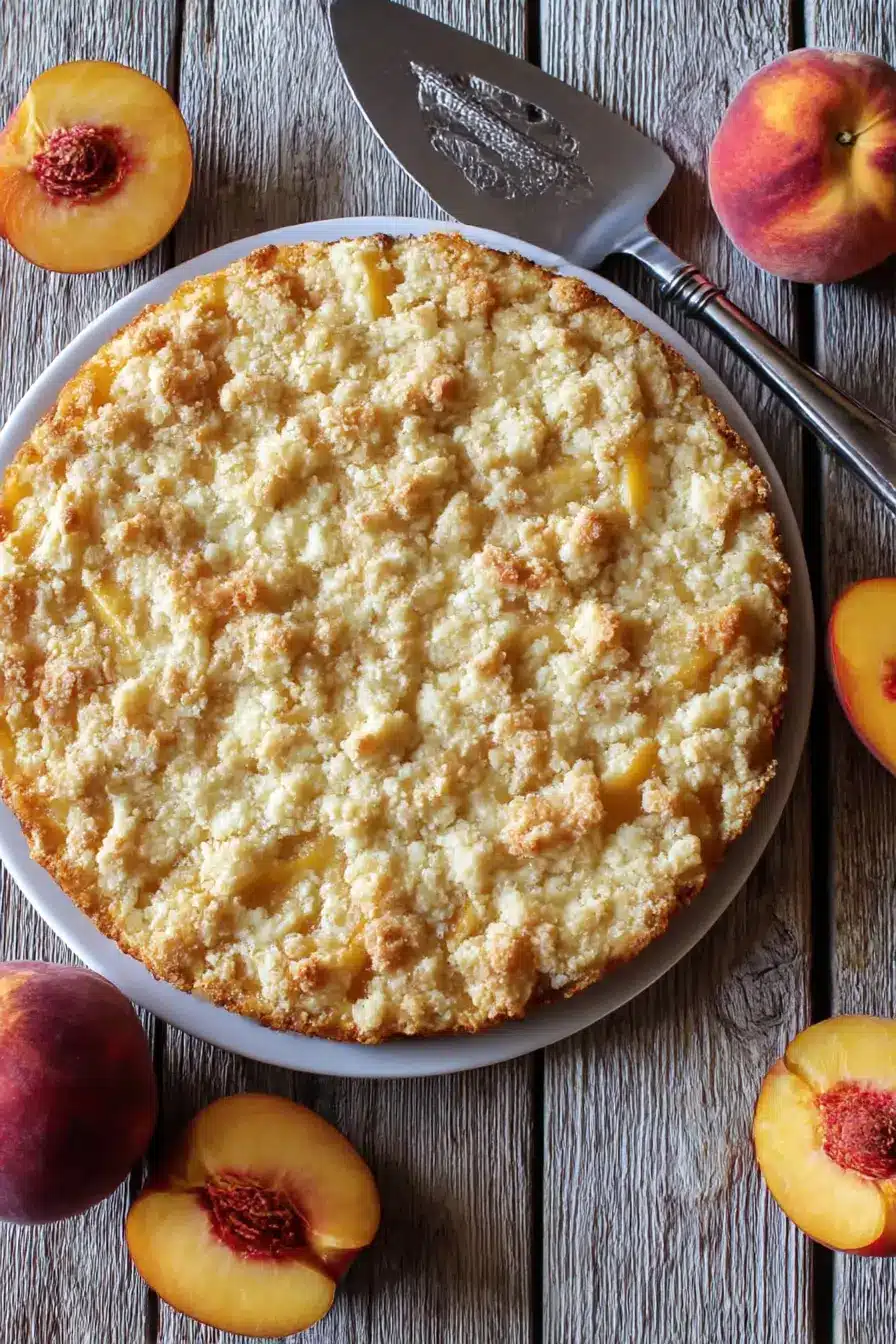 Easy Italian Peach Crumb Cake with golden topping on white plate and fresh peach slices
