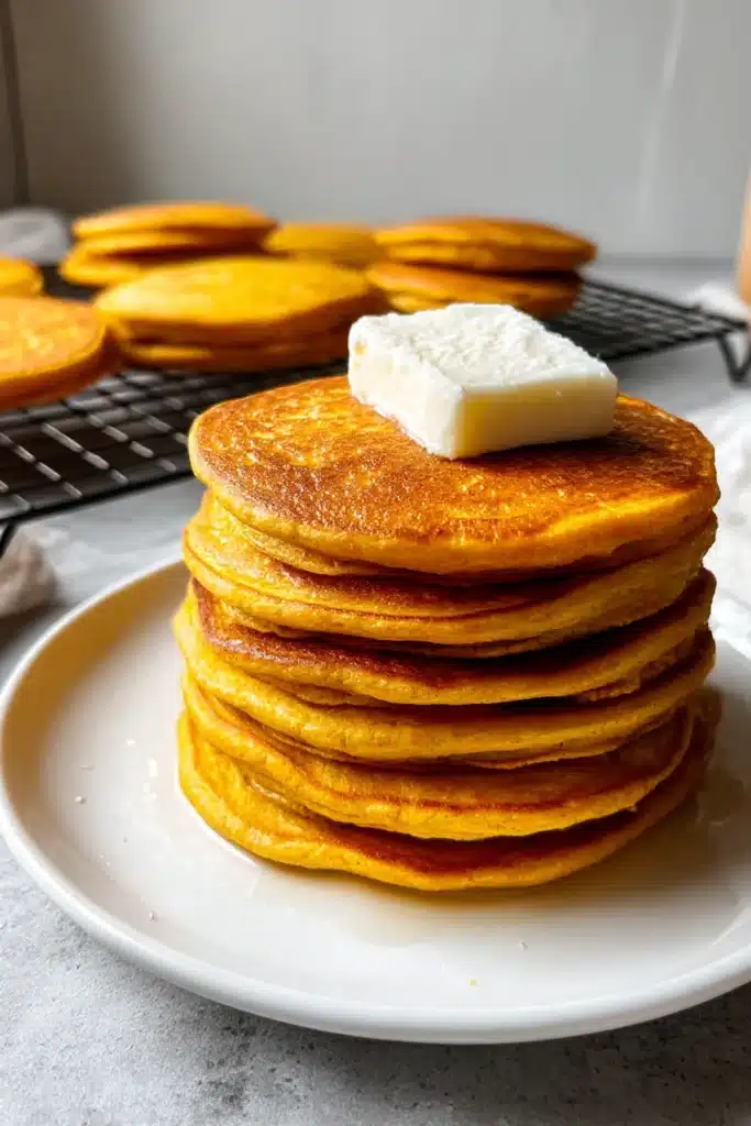 Stack of pumpkin cottage cheese pancakes topped with cold square butter and extra pancakes on wire rack