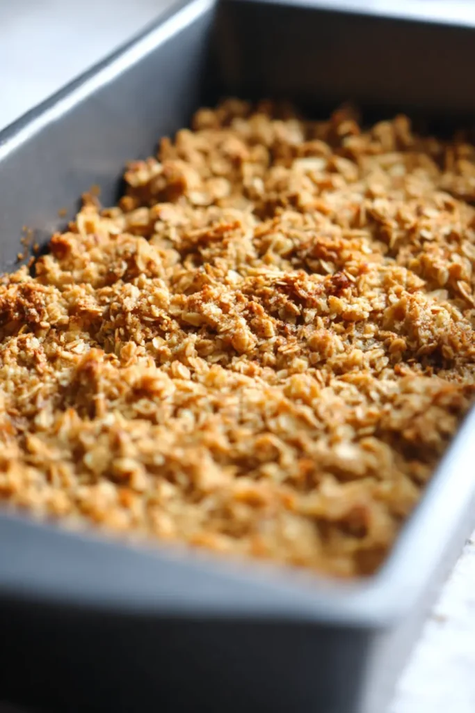 Golden baked healthy breakfast apple crumble in a rectangular pan