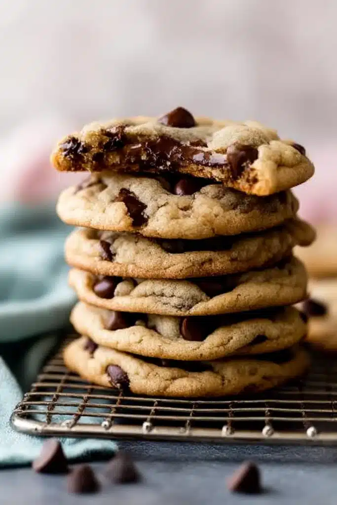 Stack of chewy chocolate chip cookies with a gooey broken cookie on top and visible melted chocolate

