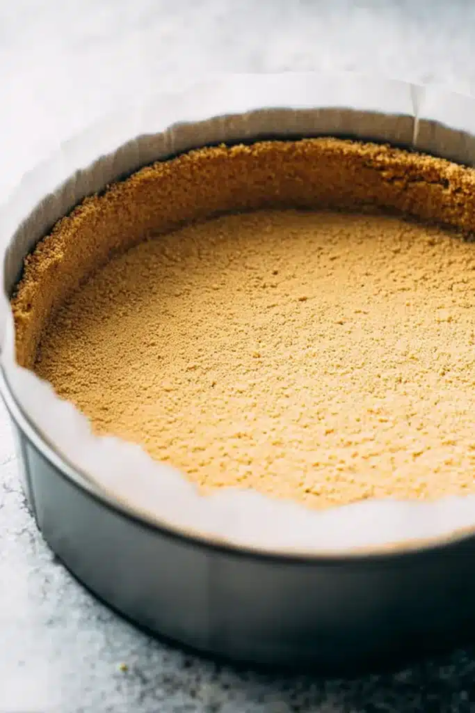 Graham cracker crust in springform pan for New York style cheesecake