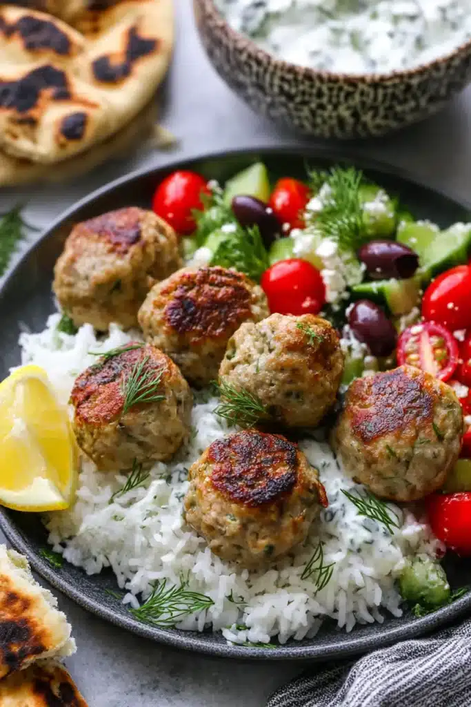 Greek Turkey Meatballs with Tzatziki – Delicious & Quick 8 Greek turkey meatballs with rice, tzatziki, and Greek salad on a plate