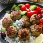Greek Turkey Meatballs with Tzatziki – Delicious & Quick 9 Greek turkey meatballs with rice, tzatziki, Greek salad, and pita bread