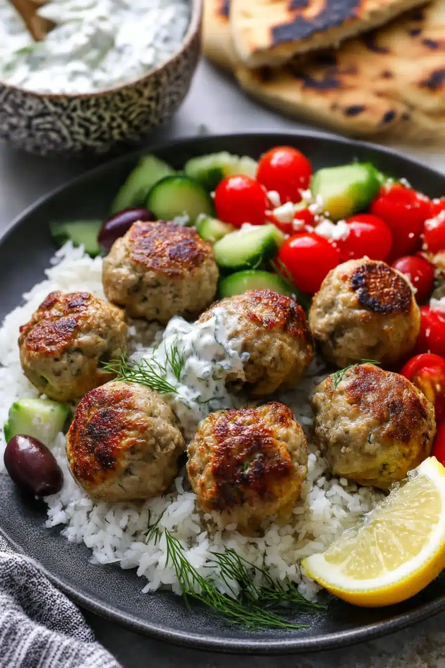 Greek turkey meatballs with rice, tzatziki, Greek salad, and pita bread
