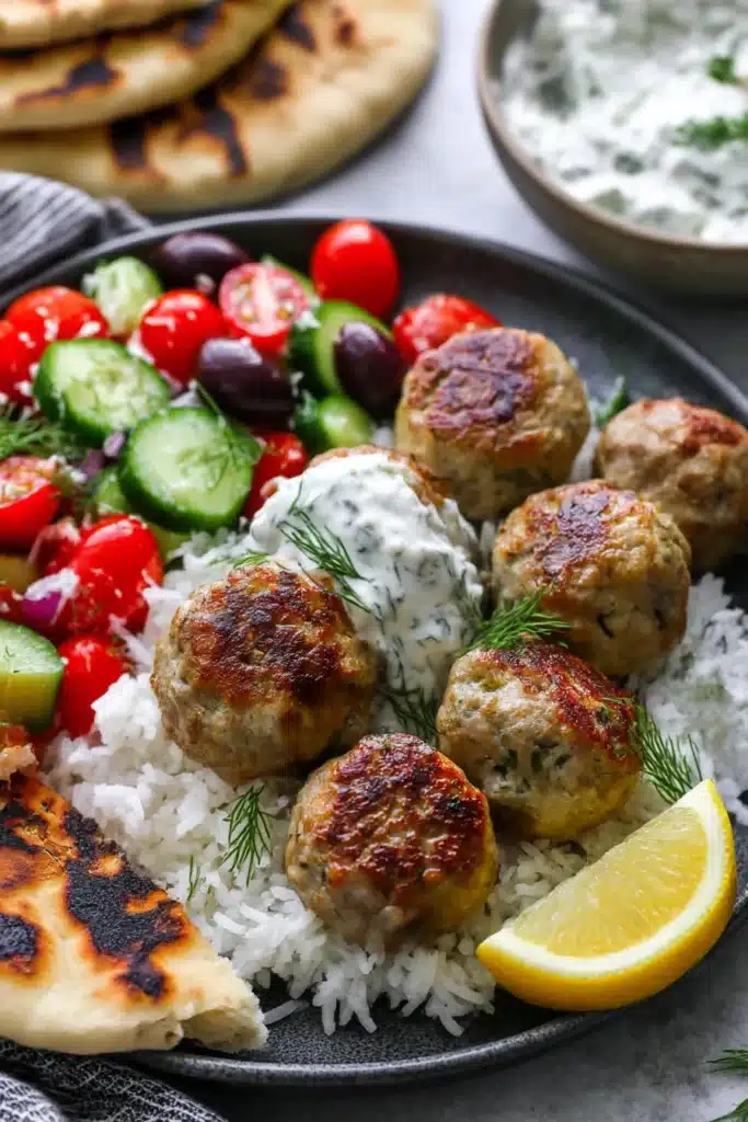 Greek turkey meatballs with tzatziki, rice, Greek salad, and pita bread