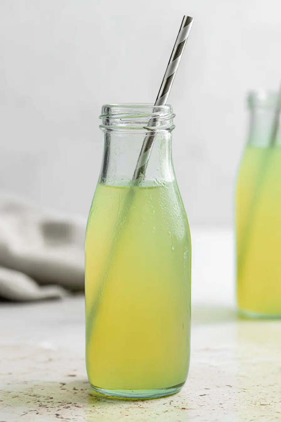 Simple Green Apple Soda with Homemade Juice in a clear glass bottle with striped straw