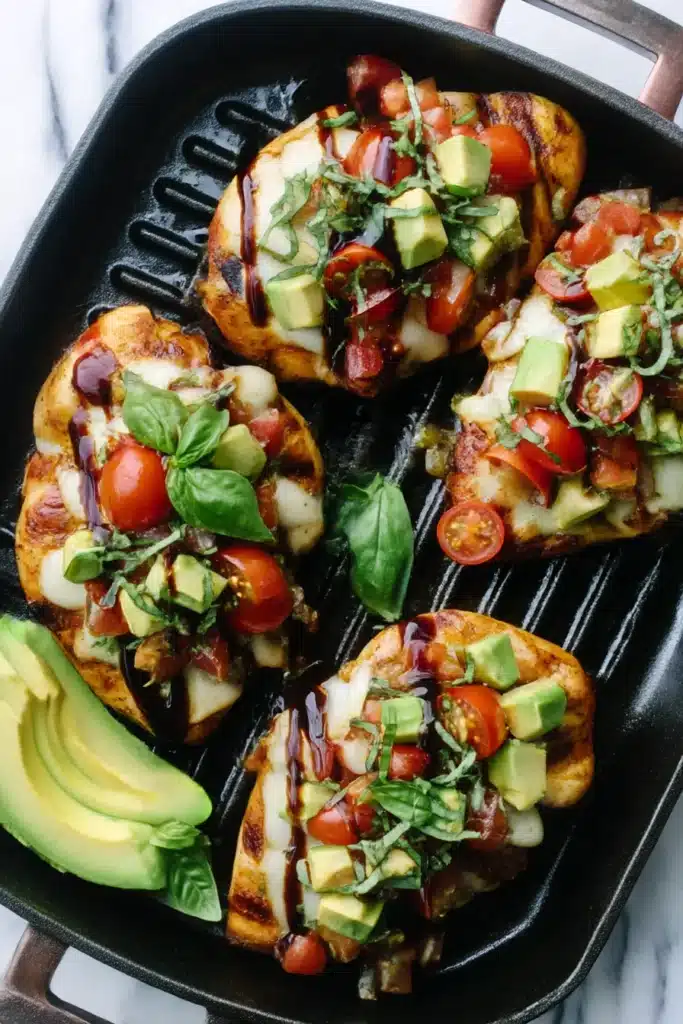 Grilled California avocado chicken topped with mozzarella, tomato, and basil in a skillet
