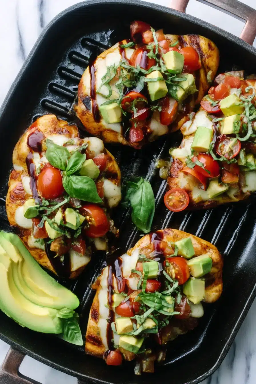 Grilled California avocado chicken topped with mozzarella, tomato, and basil in a skillet