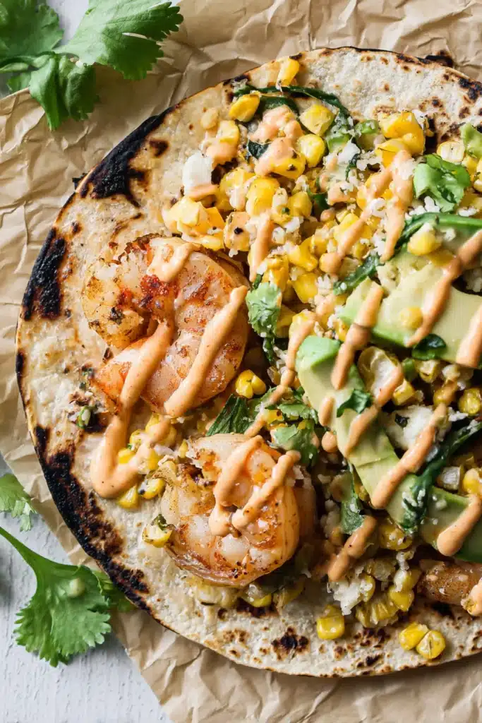 Grilled Shrimp Tacos with Mexican Street Corn topped with avocado and spicy mayo