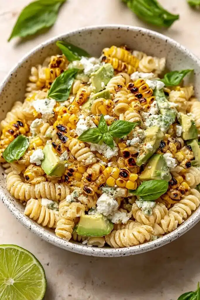 Creamy Street Corn Pasta Salad – Quick & Flavorful Favorite 7 Creamy street corn pasta salad with basil, charred corn, and avocado in a ceramic bowl