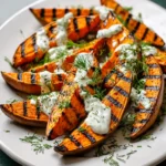 Grilled Sweet Potatoes with herb yogurt sauce on white plate and dark green table