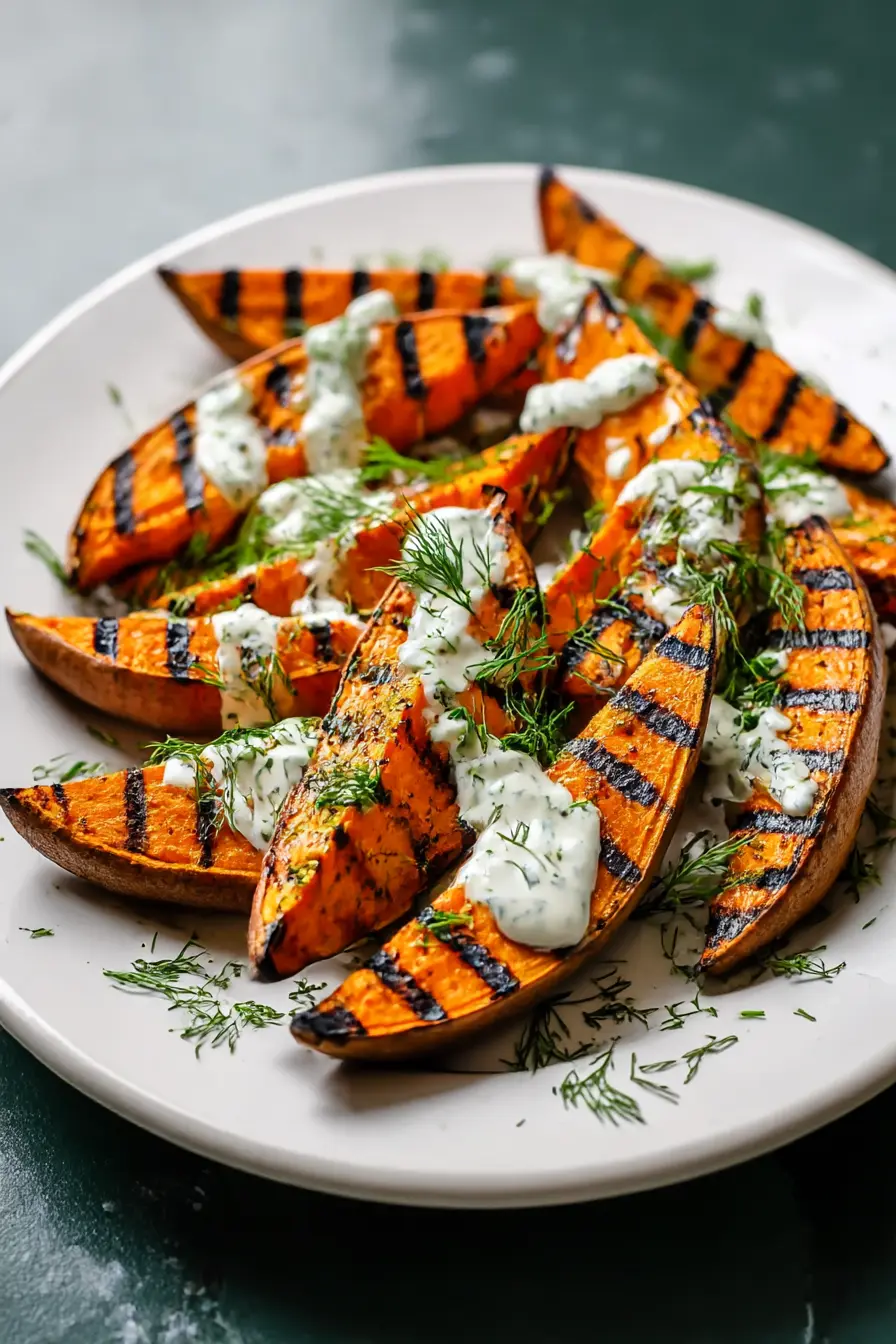 Grilled Sweet Potatoes with herb yogurt sauce on white plate and dark green table