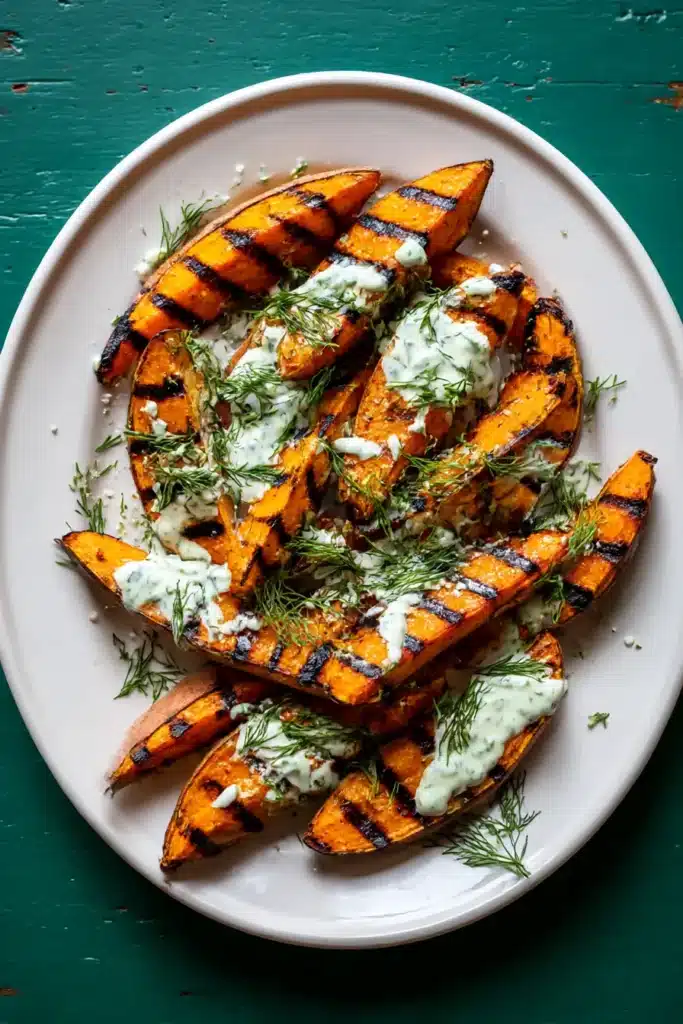 Grilled Sweet Potatoes with yogurt dill sauce on white plate over green table