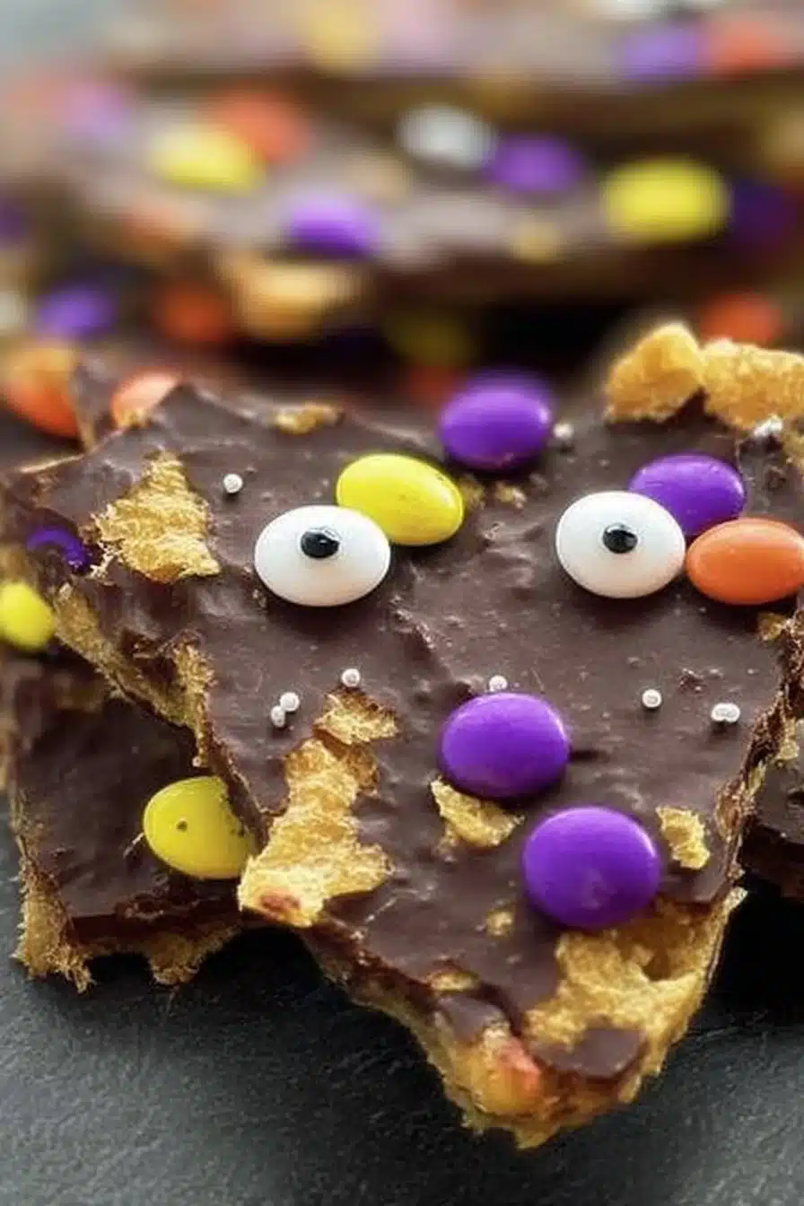 Halloween Crack toffee with chocolate, candy eyes, and festive Halloween sprinkles