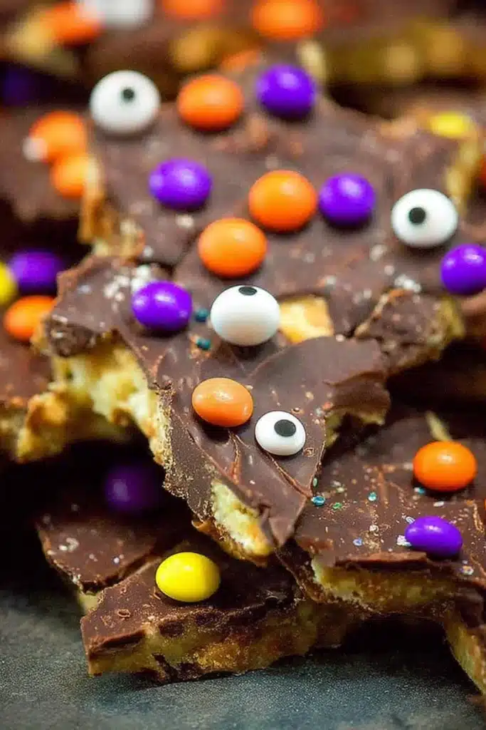 Close-up of Halloween Crack with chocolate, candy eyes, and sprinkles