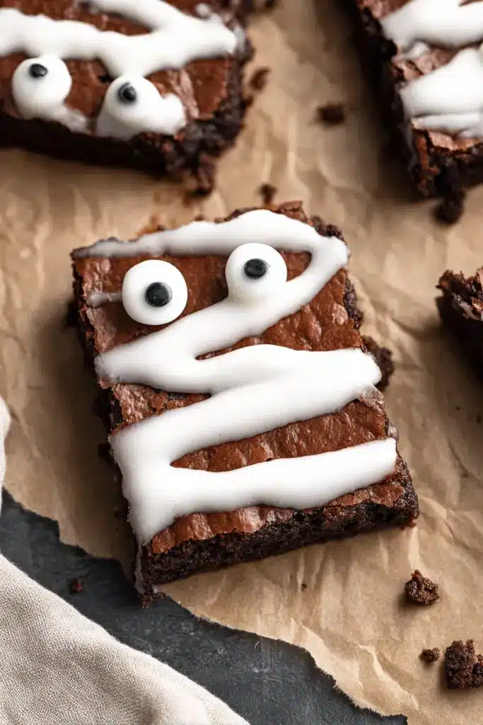Close-up of gluten-free mummy brownie with white icing and candy eyes
