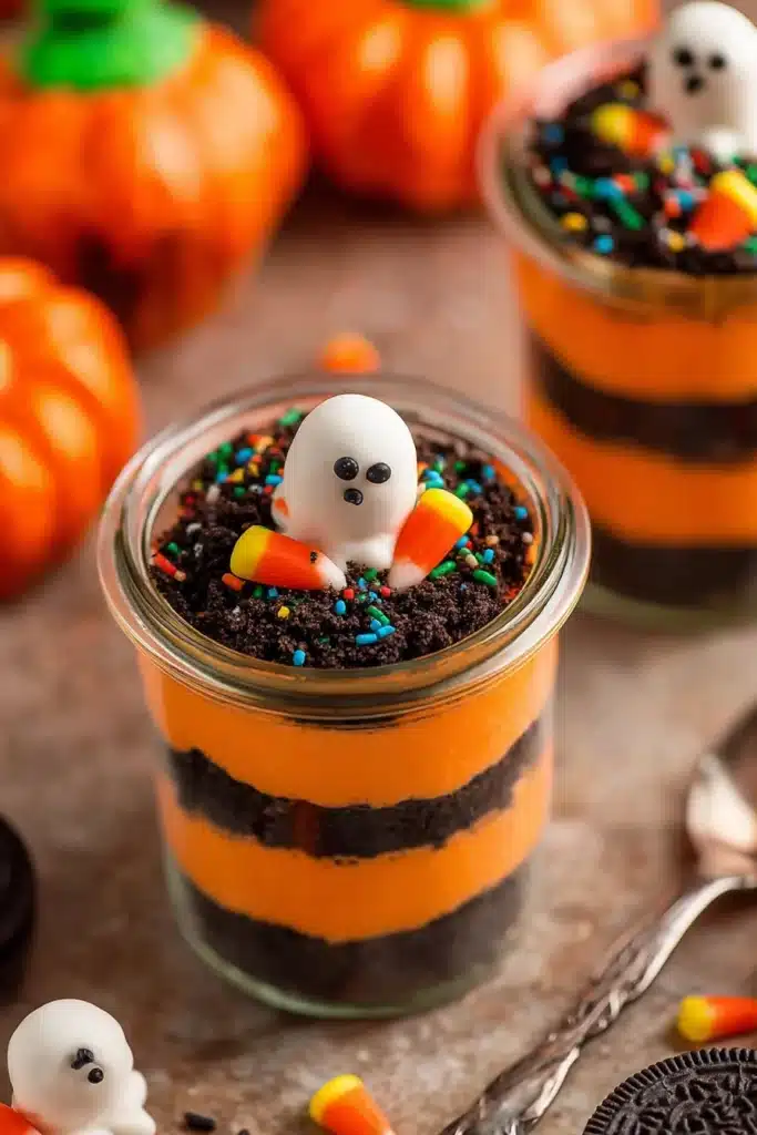 Halloween Oreo Dirt Cake in a jar with orange pudding, cookie crumbs, and fondant ghost