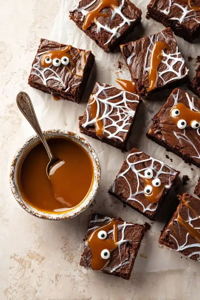 Fudgy Halloween spiderweb brownies with caramel filling and marshmallow webs