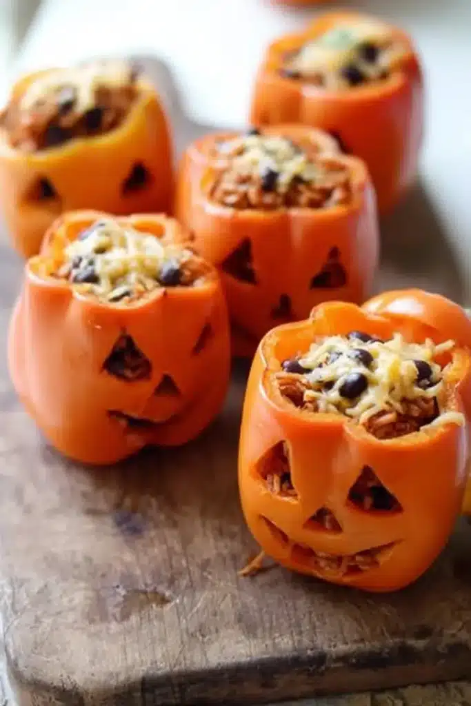 shredded chicken rice stuffed peppers halloween style carved like jack-o-lanterns