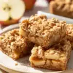 Close-up of healthy small batch apple crumble bars with oat topping on white plate