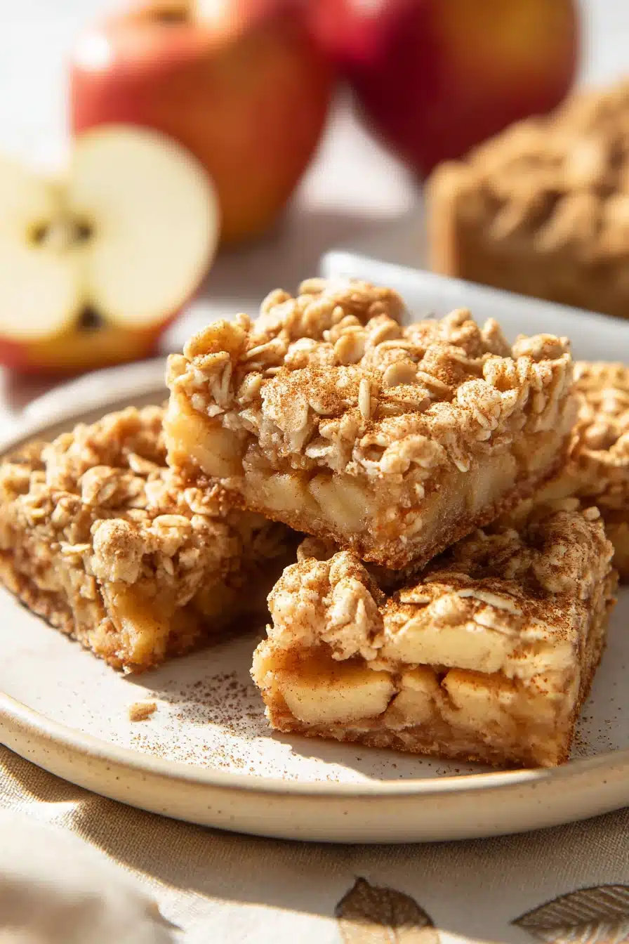 Close-up of healthy small batch apple crumble bars with oat topping on white plate