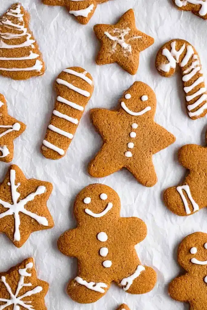 Soft Gingerbread Cookies decorated with white icing in holiday shapes on crinkled parchment over white table