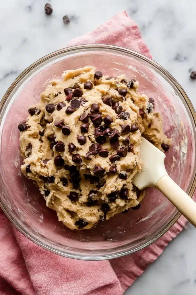 Chewy Chocolate Chip Cookies | Soft, Thick & Delicious 14 Glass bowl of chocolate chip cookie dough with chocolate chips and a light spatula on marble surface