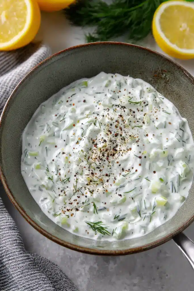 Greek Turkey Meatballs with Tzatziki – Delicious & Quick 7 Bowl of creamy dill tzatziki sauce with cucumber and black pepper