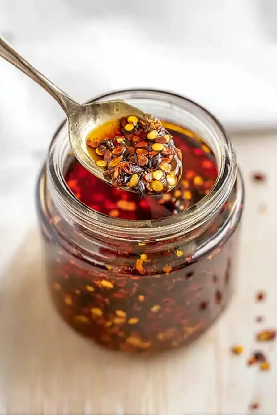 Spoon lifting crispy garlic chili oil from a glass jar