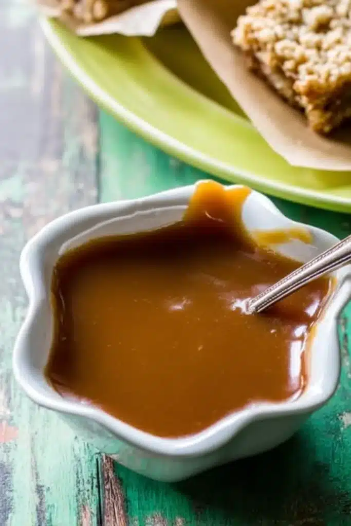 Salted Caramel Apple Bars – Cozy & Delicious Fall Favorite 10 Bowl of glossy salted caramel sauce with spoon on rustic green table
