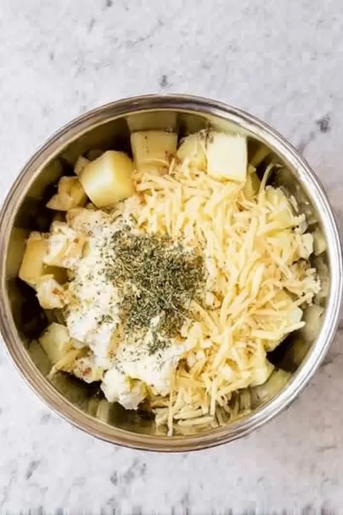 Easy creamy cheesy potato bake ingredients in mixing bowl on marble