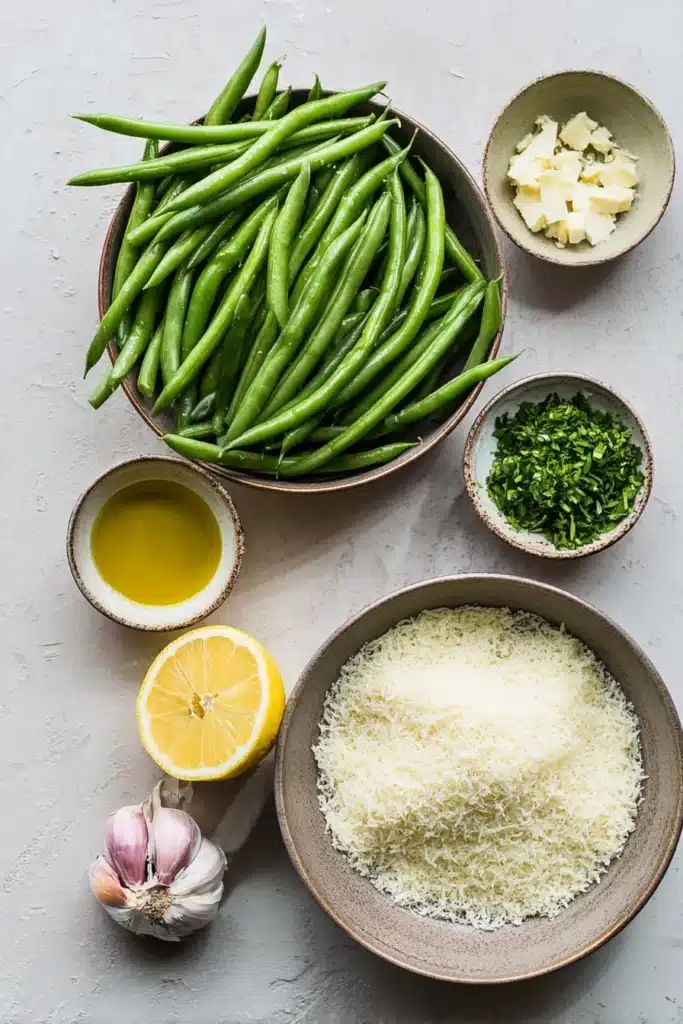 Ingredients for Roasted Green Beans With Garlic and Parmesan in small bowls