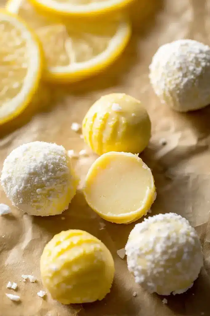 Lemon Truffles Recipe | Easy White Chocolate Treat 16 Cut lemon truffle showing smooth white chocolate ganache center