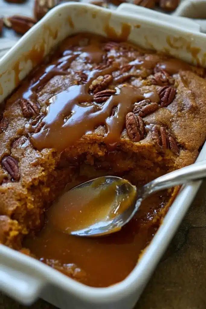 Pumpkin Pecan Cobbler – Easy & Cozy Fall Dessert 10 Freshly scooped pumpkin pecan cobbler showing gooey brown sugar sauce