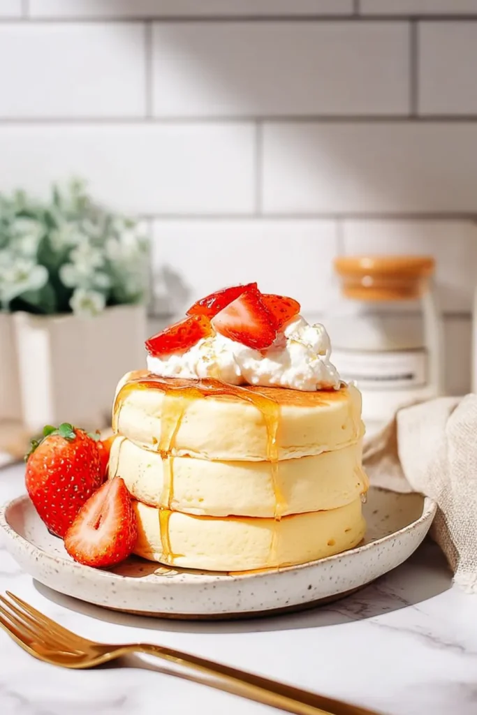 Japanese soufflé pancakes drizzled with maple syrup, strawberries, and whipped cream