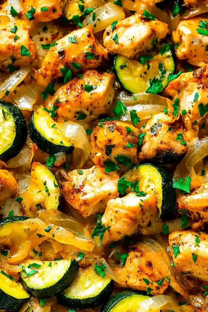 Easy Baked Chicken and Zucchini | Quick & Flavorful Dinner 7 Close-up of Easy Baked Chicken and Zucchini with roasted onions and parsley