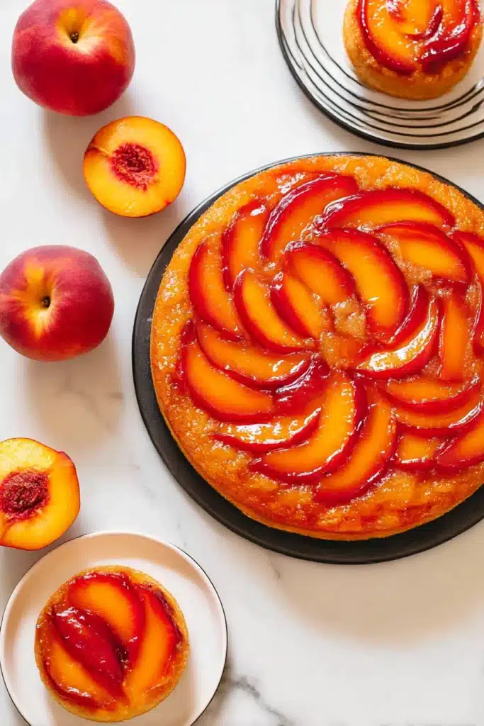 Peach Upside Down Mini Cakes – Fresh & Delicious 15 Large peach upside down cake with spiral peach topping and mini cakes