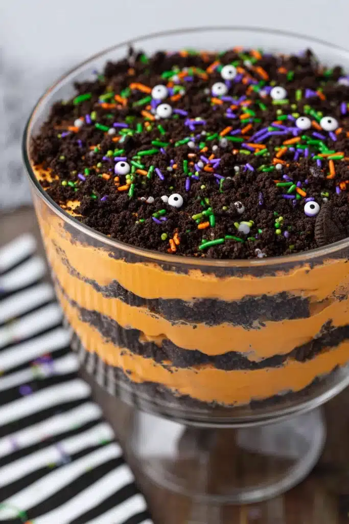 Halloween Oreo Dirt Cake layered in a trifle bowl with festive sprinkles