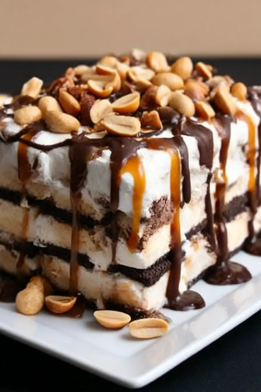 Lazy ice cream sandwich cake with caramel, chocolate drizzle, and peanuts