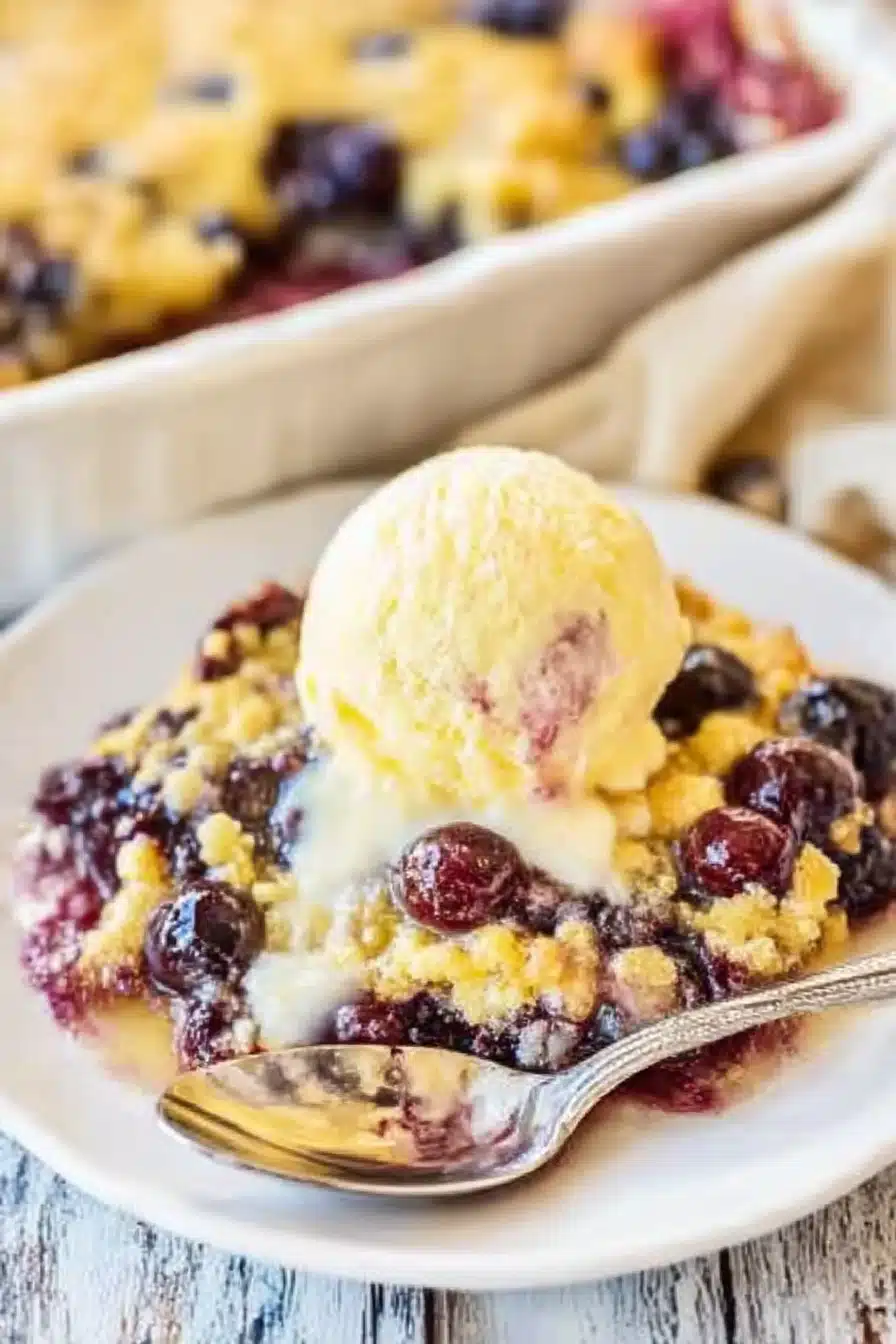 Warm lemon blueberry dump cake with vanilla ice cream on a white dessert plate.