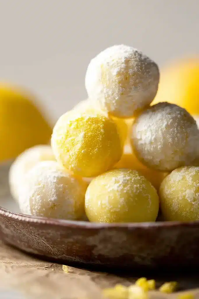 Lemon Truffles Recipe | Easy White Chocolate Treat 15 Stacked lemon truffles in soft focus with powdered and sugar coatings