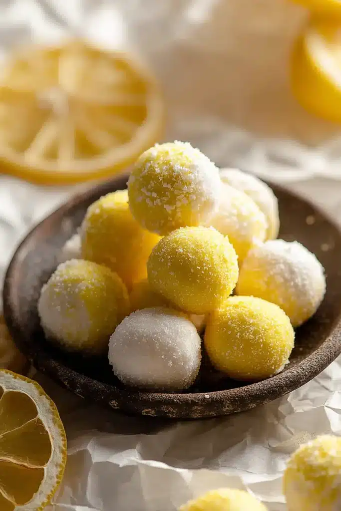 Lemon Truffles Recipe | Easy White Chocolate Treat 13 Stacked lemon truffles on a dark plate with sugar and powdered coatings