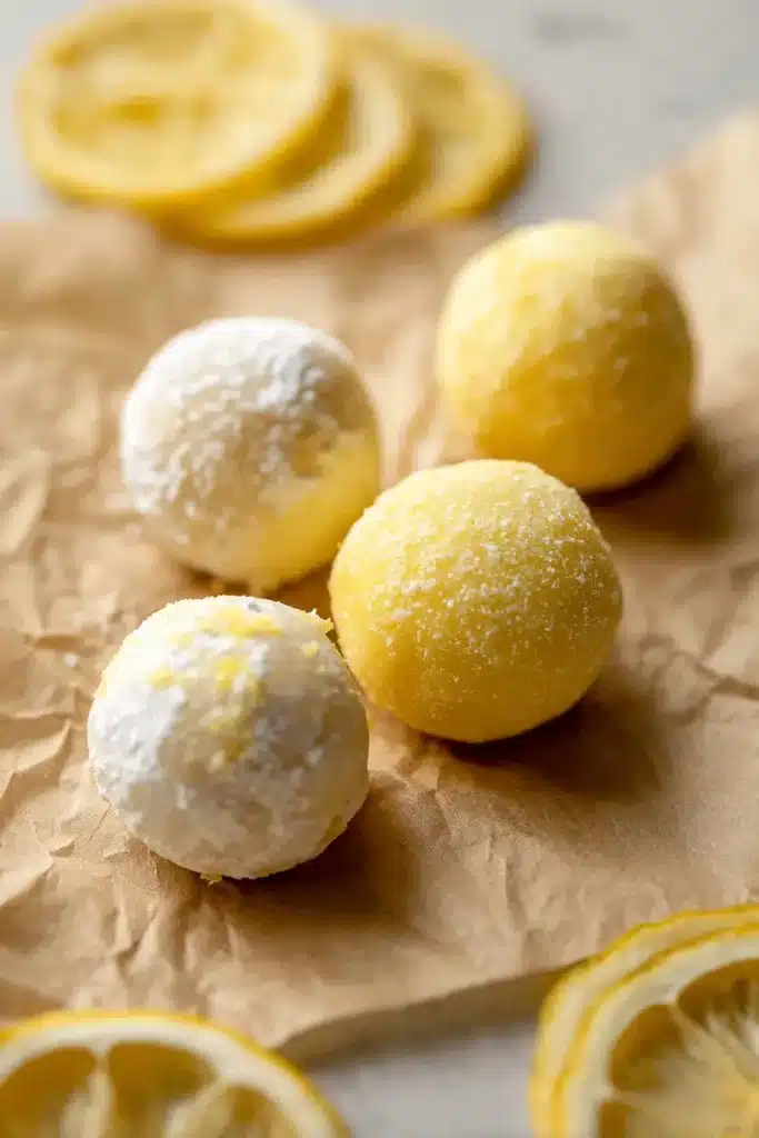 Lemon truffles coated in powdered sugar and yellow sanding sugar on parchment paper