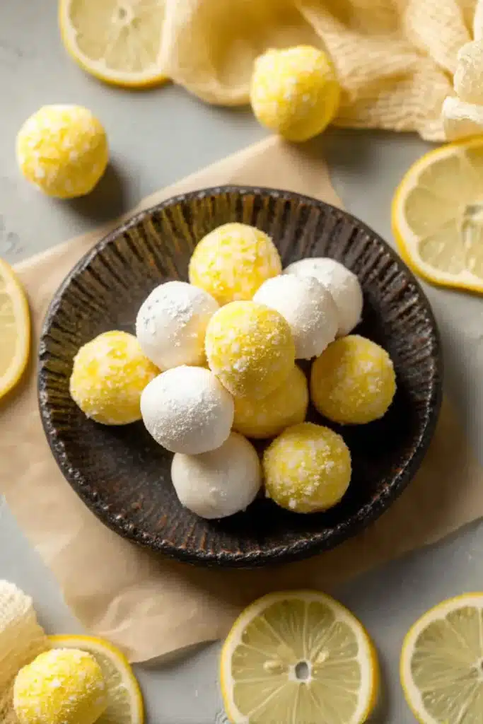 Top-down view of lemon truffles stacked on a rustic plate