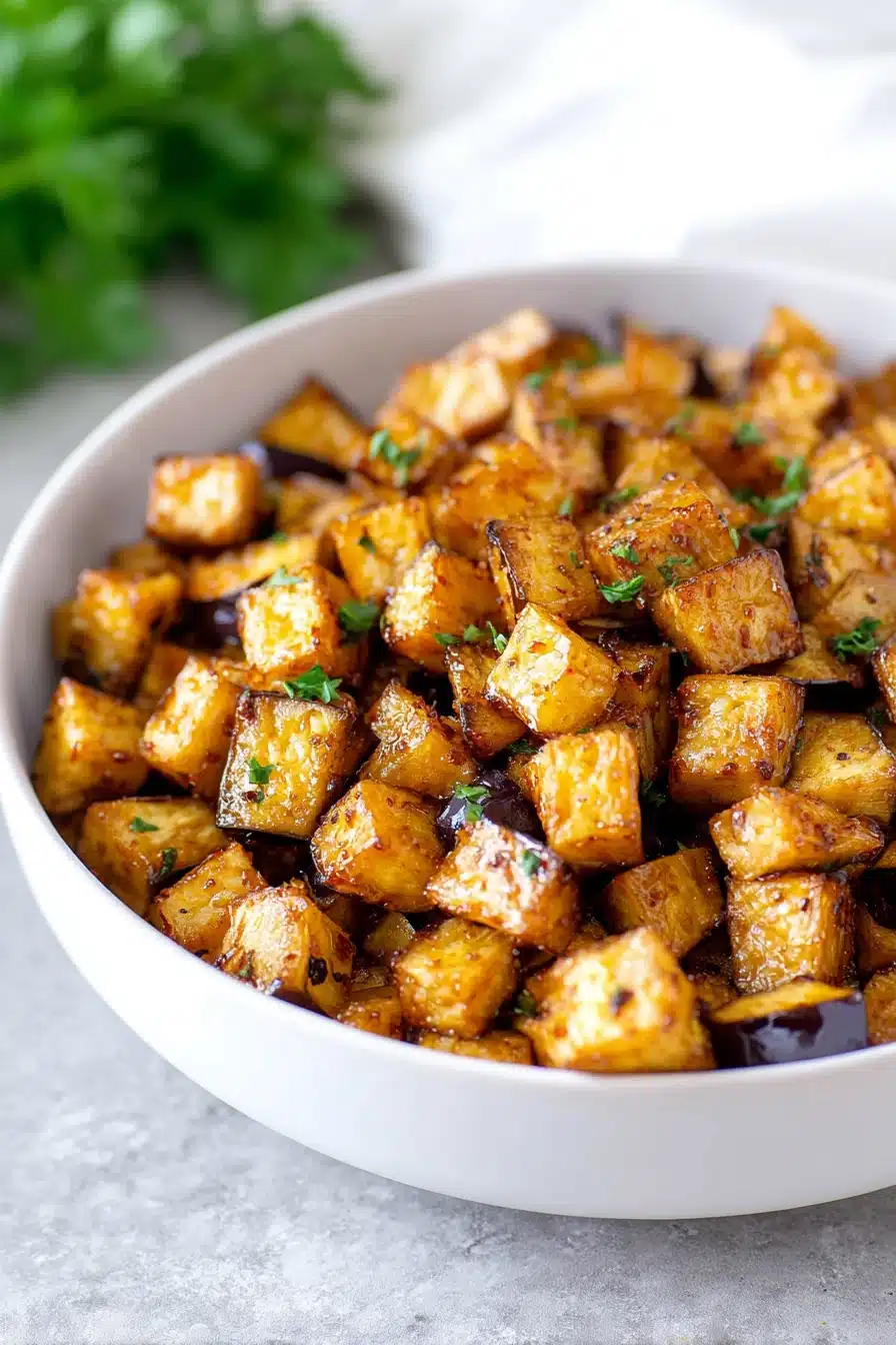 Crispy low-calorie air fryer eggplant cubes in a white bowl with fresh herbs