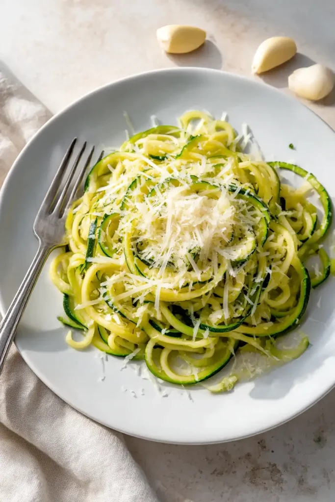 Close-up of zucchini noodles with parmesan and garlic on a white plate